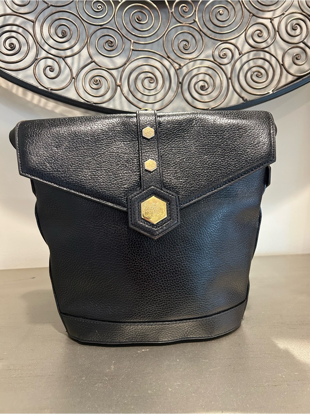 Revillon vintage Black Leather cross body with Gold Hex Accent